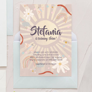 Pastel Sun Pink Girl Birthday Invitation Einladung
