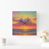Pastel Sunset Beach - Painterly Style Seascape Quadratische Wanduhr (Zuhause)