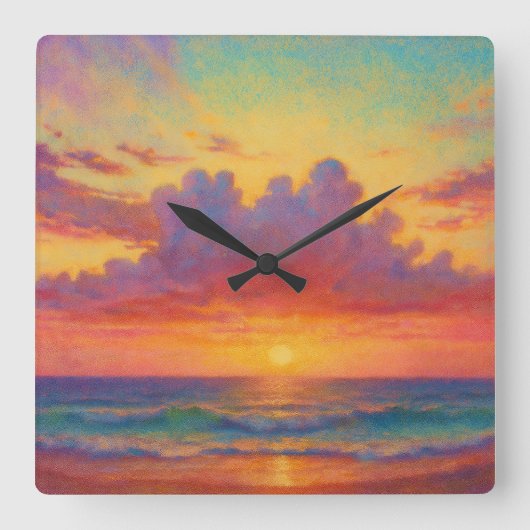 Pastel Sunset Beach - Painterly Style Seascape Quadratische Wanduhr (Vorderseite)