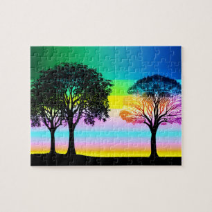 Pastel Sunset Behind Black Silhouette Trees Puzzle