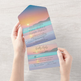 Pastel Sunset Destination Ocean Beach Wedding All In One Einladung