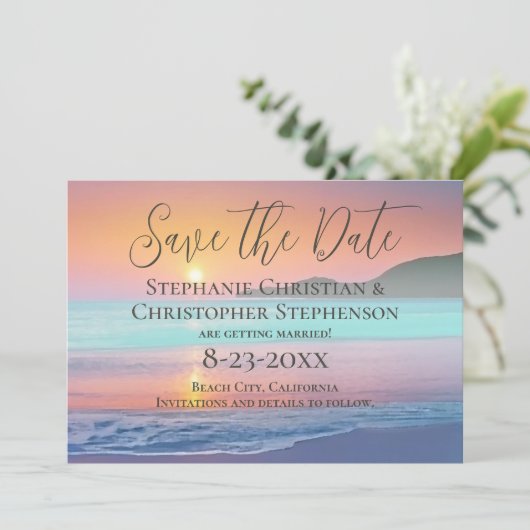 Pastel Sunset Zielstrand Save the Date Einladung (Stehend Vorderseite)