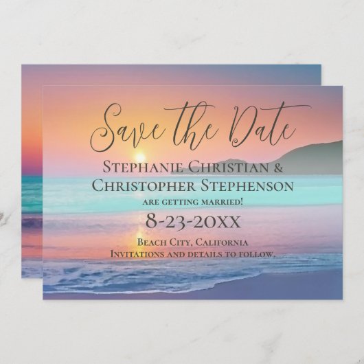 Pastel Sunset Zielstrand Save the Date Einladung (Vorne/Hinten)