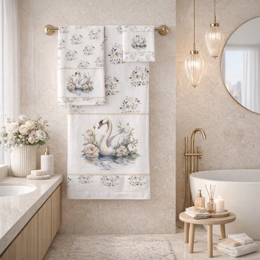 Pastel Swan and Floral Towel Trio Badhandtuch Set