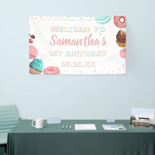 Pastel Sweet Candy Lolipop Cupcake Donut Birthday Banner (Messeveranstaltung)