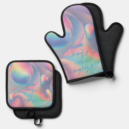 Pastel Swirl Hippy Couple Names Roman Numeral Datu Ofenhandschuh & Topflappen-Set (Vorderseite/Rückseite)