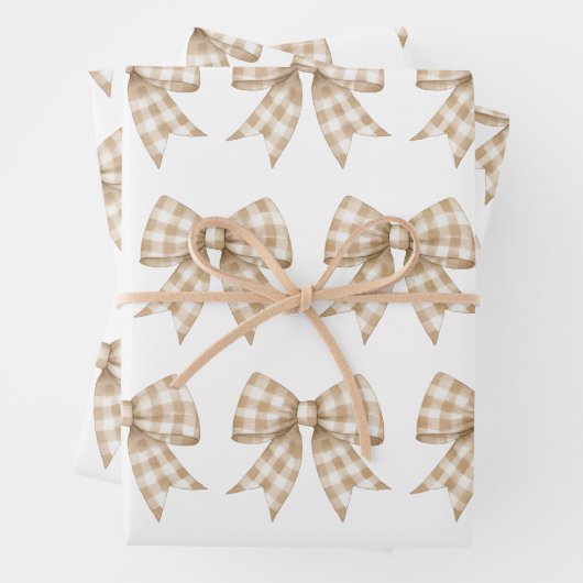 Pastel Tan und White Gingham Buffalo Kariert Bow Geschenkpapier Set (Beispiel)