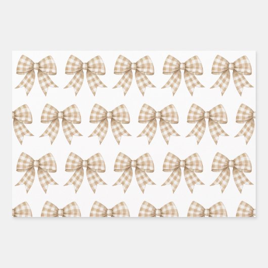 Pastel Tan und White Gingham Buffalo Kariert Bow Geschenkpapier Set (Vorderseite)