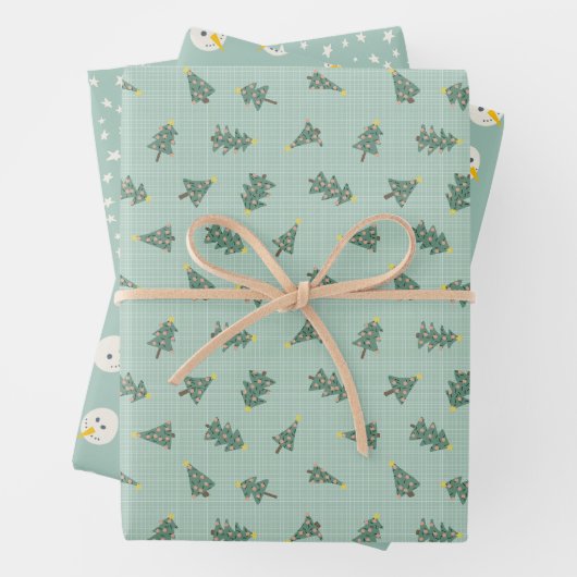 Pastel Teal Christmas Snowmen Trees Stars Geschenkpapier Set (Beispiel)