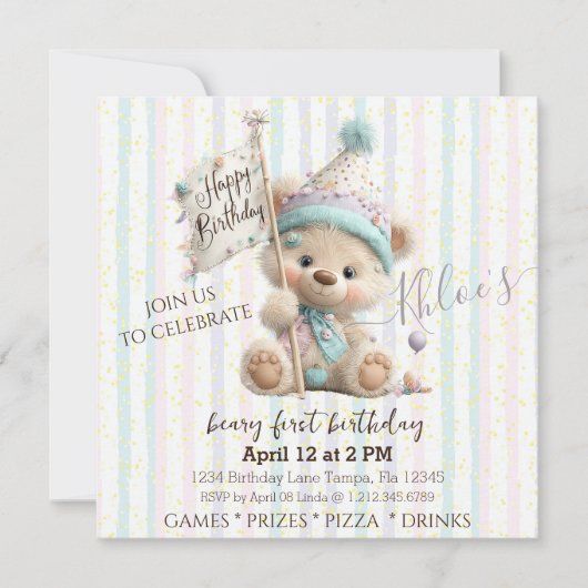 Pastel Teddy Bear Birthday Einladung (Vorderseite)