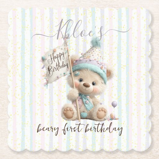 Pastel Teddy Bear Birthday  Untersetzer (Vorderseite)