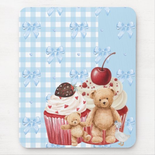 pastel "teddy bear" cupcake kawaii gingham ribbon  mousepad (Vorne)