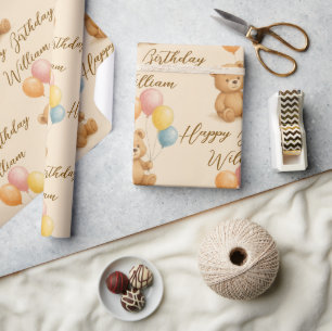 Pastel Teddy Bear Geburtstagswrapping Paper Text Geschenkpapier