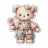 Pastel Teddy Bear Holding Blume Tragen Overalls Aufkleber (Vorderseite)