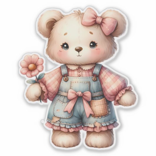 Pastel Teddy Bear Holding Blume Tragen Overalls Aufkleber (Vorderseite)