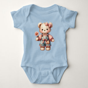 Pastel Teddy Bear Holding Blume Tragen Overalls Baby Strampler