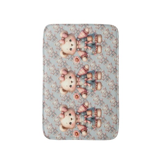 Pastel Teddy Bear Holding Blume Tragen Overalls Badematte (Vorderseite Vertikal)