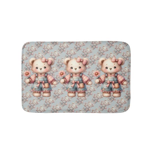 Pastel Teddy Bear Holding Blume Tragen Overalls Badematte (Vorderseite)