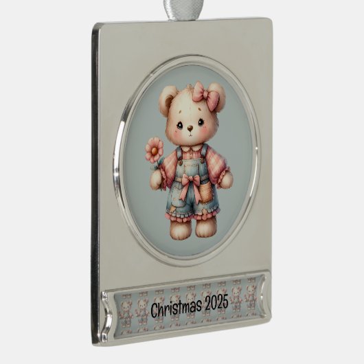 Pastel Teddy Bear Holding Blume Tragen Overalls Banner-Ornament Silber (Rechts)