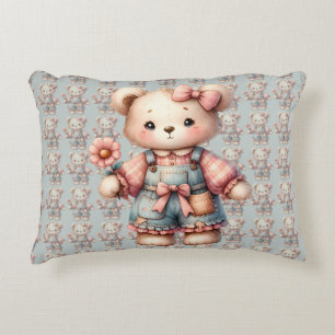 Pastel Teddy Bear Holding Blume Tragen Overalls Dekokissen