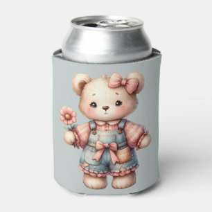 Pastel Teddy Bear Holding Blume Tragen Overalls Dosenkühler