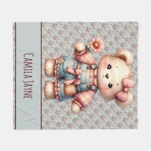 Pastel Teddy Bear Holding Blume Tragen Overalls Fleecedecke (Vorderseite (Horizontal))