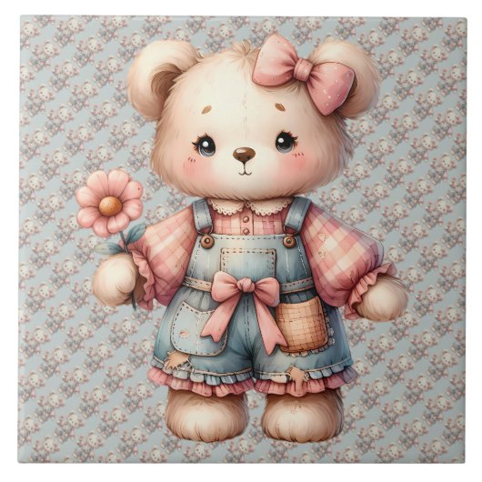 Pastel Teddy Bear Holding Blume Tragen Overalls Fliese (Vorderseite)