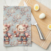 Pastel Teddy Bear Holding Blume Tragen Overalls Geschirrtuch (Viertel Falte)