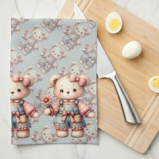 Pastel Teddy Bear Holding Blume Tragen Overalls Geschirrtuch (Viertel Falte)
