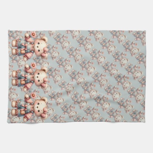 Pastel Teddy Bear Holding Blume Tragen Overalls Geschirrtuch (Horizontal)