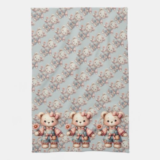 Pastel Teddy Bear Holding Blume Tragen Overalls Geschirrtuch (Vertikal)