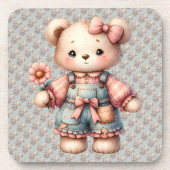 Pastel Teddy Bear Holding Blume Tragen Overalls Getränkeuntersetzer (Vorderseite)