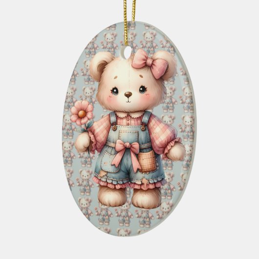 Pastel Teddy Bear Holding Blume Tragen Overalls Keramik Ornament (Links)