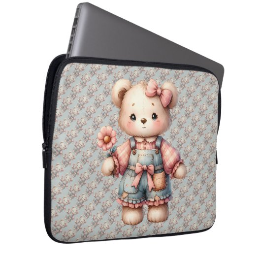 Pastel Teddy Bear Holding Blume Tragen Overalls Laptopschutzhülle (Vorne Rechts)