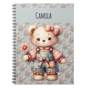 Pastel Teddy Bear Holding Blume Tragen Overalls Notizblock