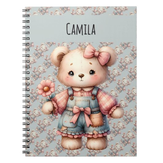 Pastel Teddy Bear Holding Blume Tragen Overalls Notizblock (Vorderseite)