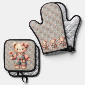 Pastel Teddy Bear Holding Blume Tragen Overalls Ofenhandschuh & Topflappen-Set (Vorderseite/Rückseite)