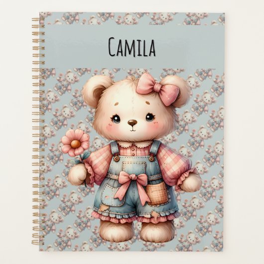 Pastel Teddy Bear Holding Blume Tragen Overalls Planer (Vorderseite)