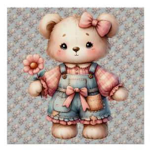 Pastel Teddy Bear Holding Blume Tragen Overalls Poster