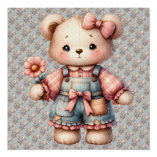 Pastel Teddy Bear Holding Blume Tragen Overalls Poster (Vorderseite)