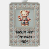 Pastel Teddy Bear Holding Blume Tragen Overalls Rahmen-Ornament Silber (Vorderseite)