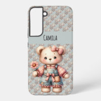 Pastel Teddy Bear Holding Blume Tragen Overalls