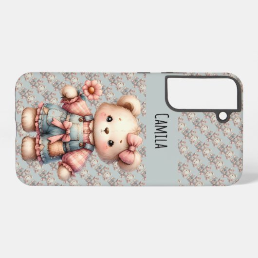 Pastel Teddy Bear Holding Blume Tragen Overalls Samsung Galaxy Hülle (Rückseite (Horizontal))