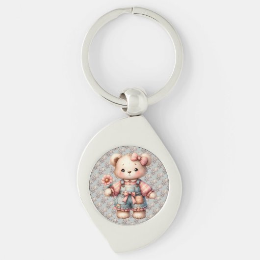 Pastel Teddy Bear Holding Blume Tragen Overalls Schlüsselanhänger (Vorderseite)