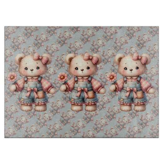 Pastel Teddy Bear Holding Blume Tragen Overalls Schneidebrett (Vorderseite)