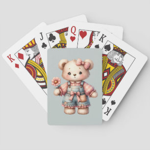 Pastel Teddy Bear Holding Blume Tragen Overalls Spielkarten