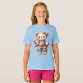 Pastel Teddy Bear Holding Blume Tragen Overalls T-Shirt (Vorne ganz)