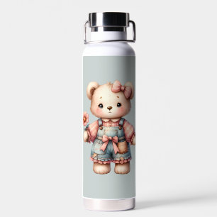 Pastel Teddy Bear Holding Blume Tragen Overalls Trinkflasche