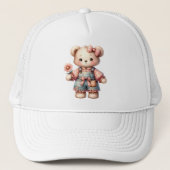 Pastel Teddy Bear Holding Blume Tragen Overalls Truckerkappe (Vorderseite)