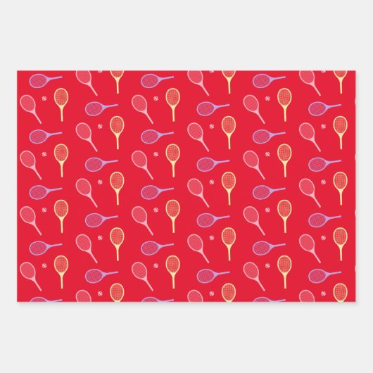 Pastel Tennis Rackets mit Tennisball auf Rot Geschenkpapier Set (Vorderseite)